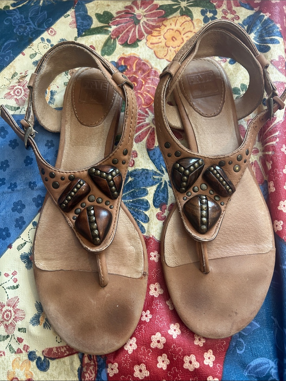 Frye Tan Leather Studded Thong Sandals